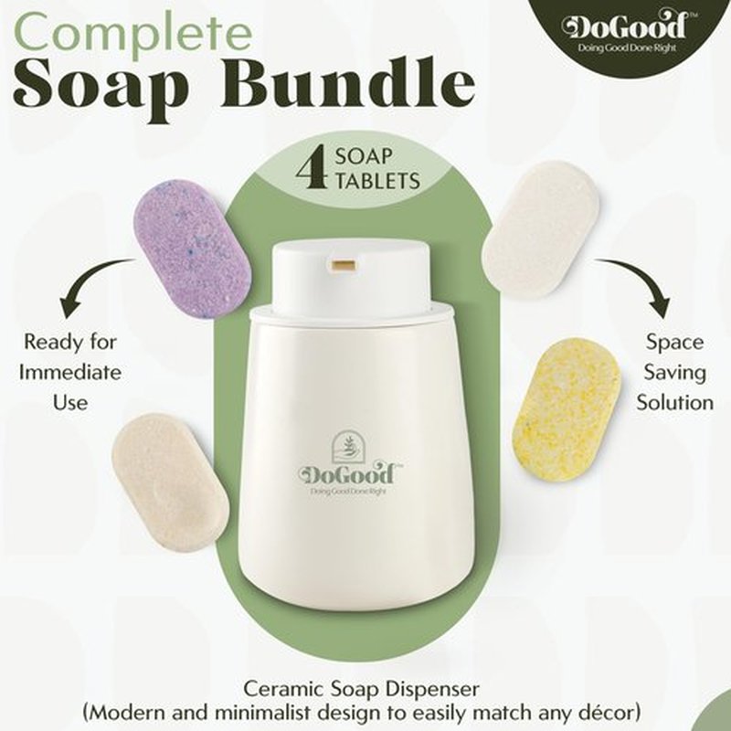 DoGood Foaming Hand Soap Starter Kit – Refillable 350 mL Ceramic Dispenser & 4 Scented Tablets – Eco-Friendly Zero-Waste Foam Soap (Lavender, Lemon, Eucalyptus, Sandalwood)