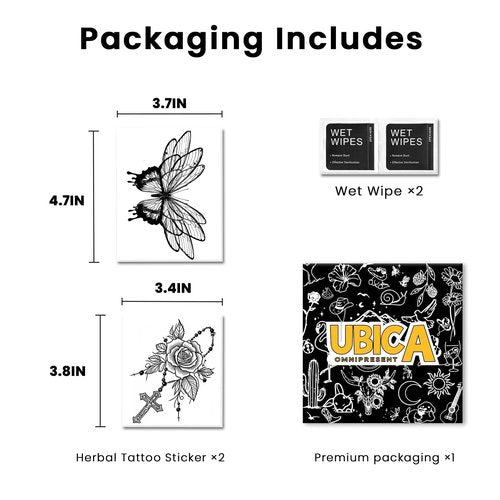 UBICA Semi Permanent Tattoo for Women, 2 Sheets Realistic Temporary Tattoos, Lasts 2 Weeks Fake Tattoos for Arm Wrist, Waterproof Non-Reflective (Ink Splatter Butterfly & Rose Rosary Cross Tattoo)