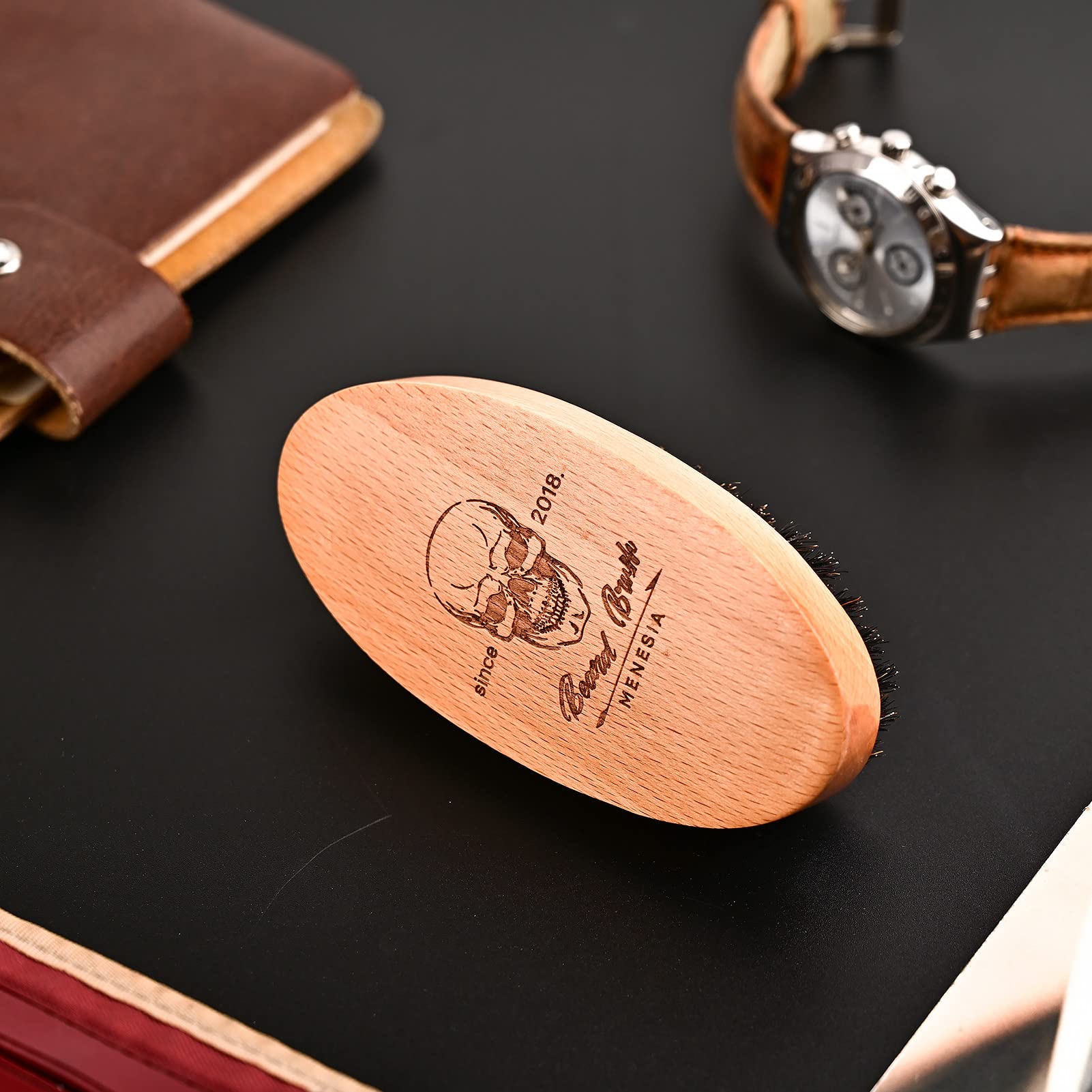 Menesia Boar Bristle Hair Beard Brush for Men, Pocket Travel Men's Wooden Small Soft Beard Brush (Skull)