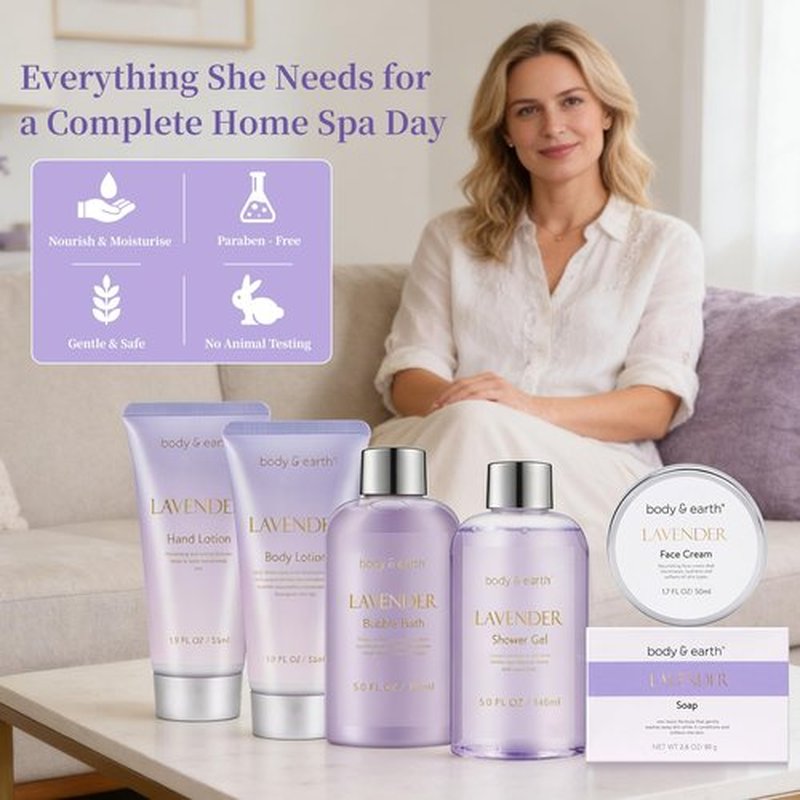 BODY & EARTH Bath and Body Gift Set - 6 Pcs Lavender Bath Kit for Women Spa Set, Perfect Birthday, Mother's Day Gift Set for Women Includes Bubble Bath, Shower Gel, Body Lotion