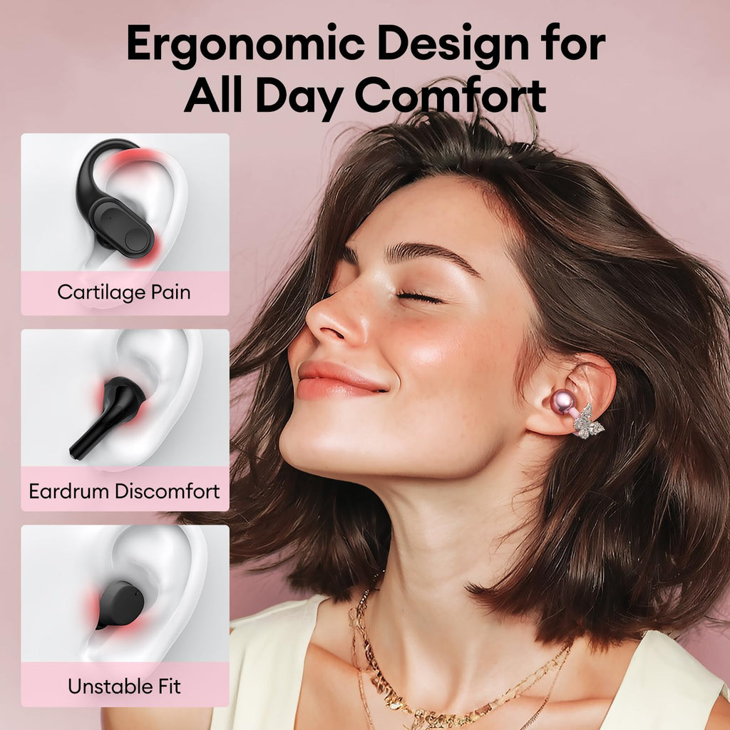 PAXA Stylish Open Ear Clip On Earbuds with Removable Butterfly Earring, Clip On Headphones with LCD Touch Screen, Fashionables Open Ear Headphones for Women, Butterfly Earring Rose Gold Earbuds