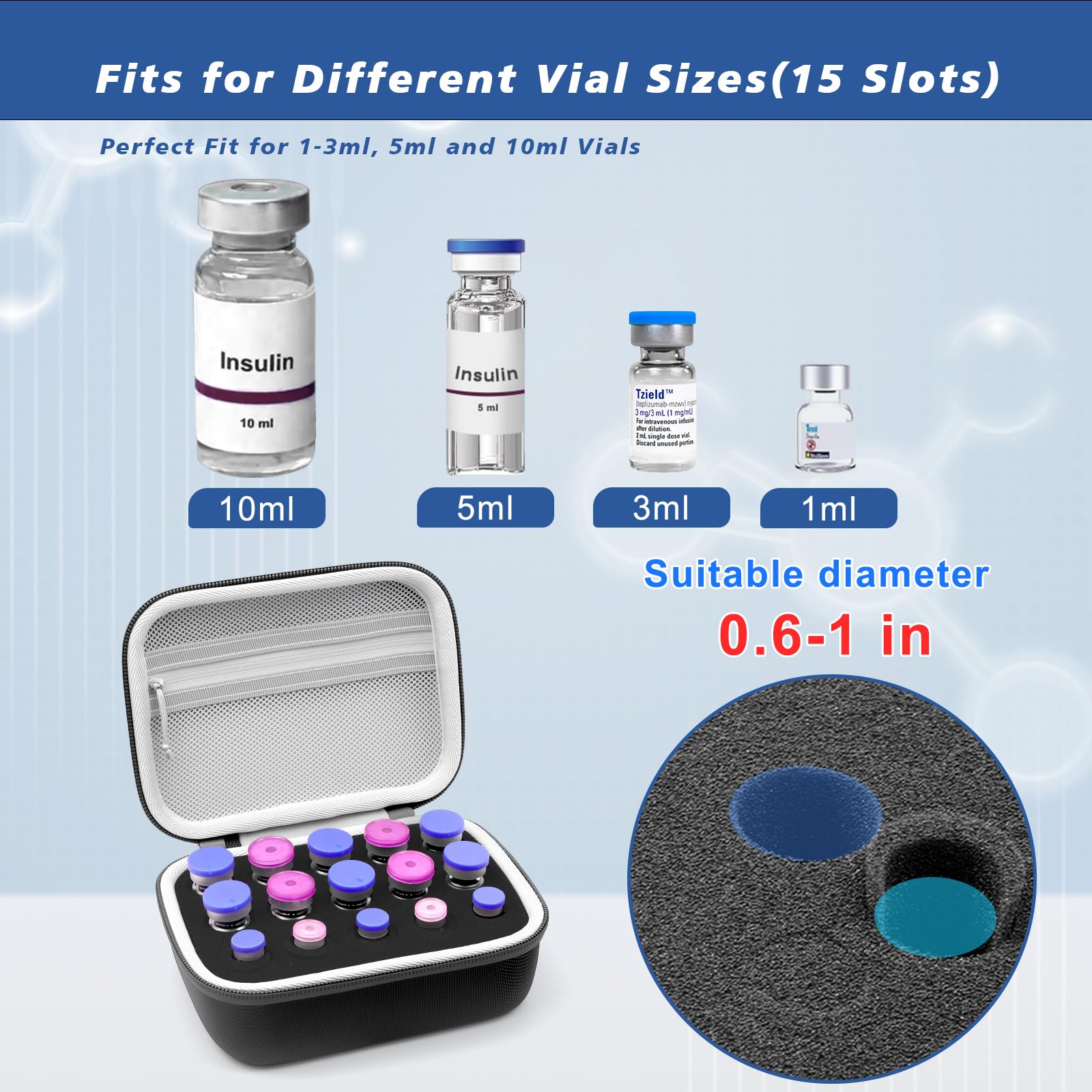 Krypthos 15 Slots Insulin Vial Protector Case, Insulin Vial Organizer Bag for Diabetics Standard 1ml 3ml 5ml and 10ml Vials, Insulin Carrying Case Fridge Holder Storage Holder, No Ice Pack