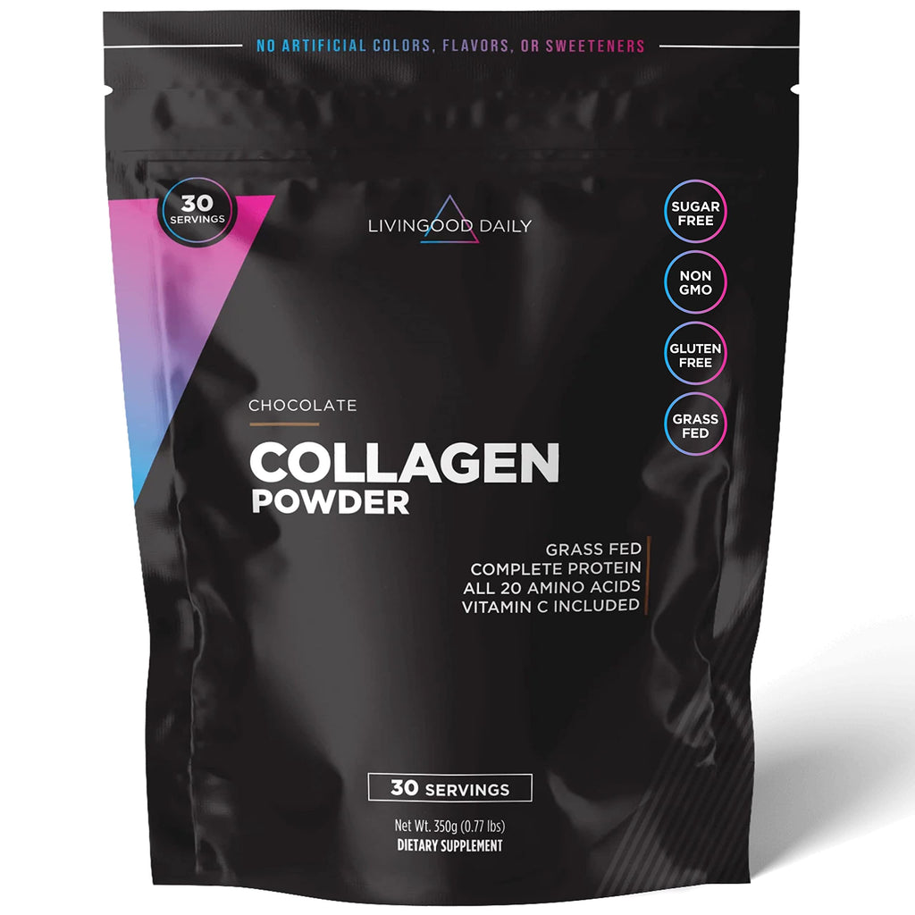Livingood Daily Chocolate Collagen Powder for Women & Men, Hydrolyzed Collagen Peptides Powder with Vitamin C, Protein with 20 Amino Acids, Type I & III, Grass Fed, Keto, Paleo, Gluten Free, 30 Srvgs