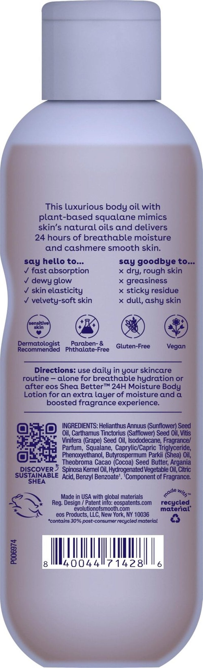 eos Cashmere Oil, Vanilla, 24 Hour Moisture, Plant-Based Squalane to Soothe, Soften and Smooth Dry Skin, 6 fl oz