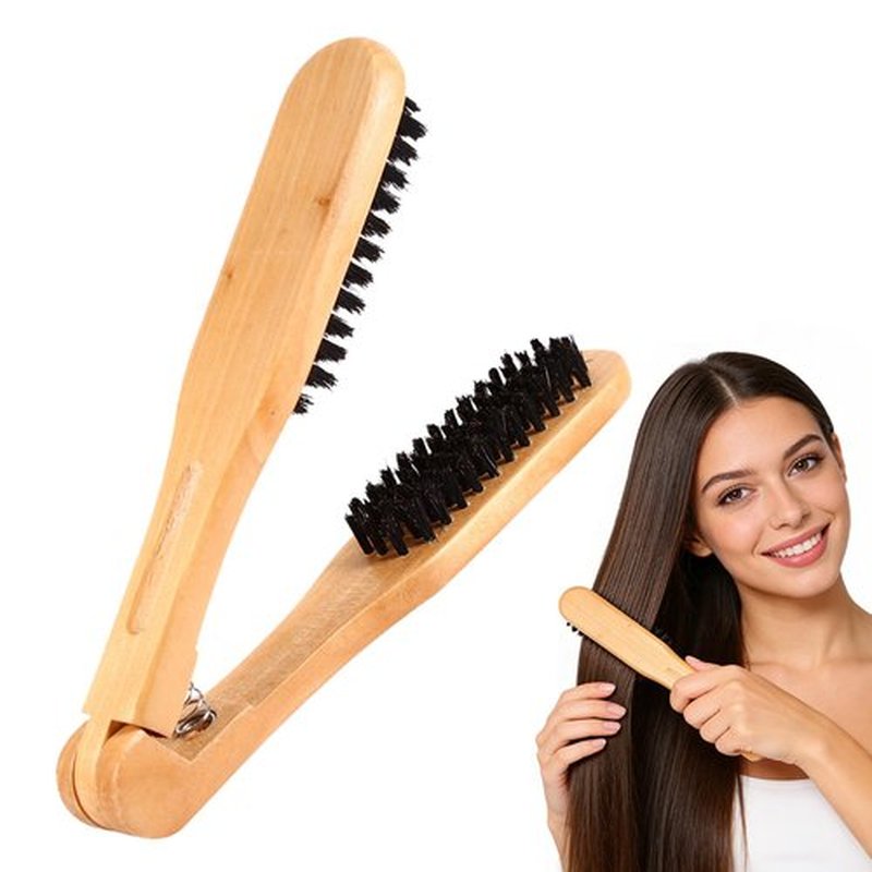 CYSFETENA Wooden Hair Straightening Brush Comb, Double Sided Bristle Brush, Clamp Hair Straightenner for Smoothing and Straightening, Professional Hairdressing Anti-static Comb