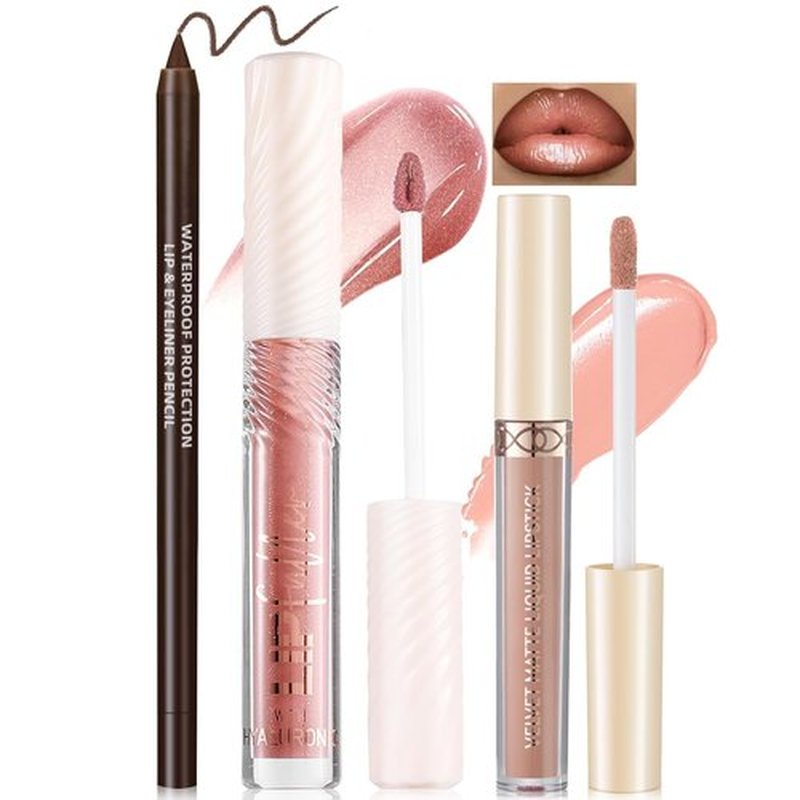 Noerrors 3 in 1 Nude Peach Lip Kit - Hydrating Lip Gloss, Matte Velvet Lip Glaze & Creamy Liner Set