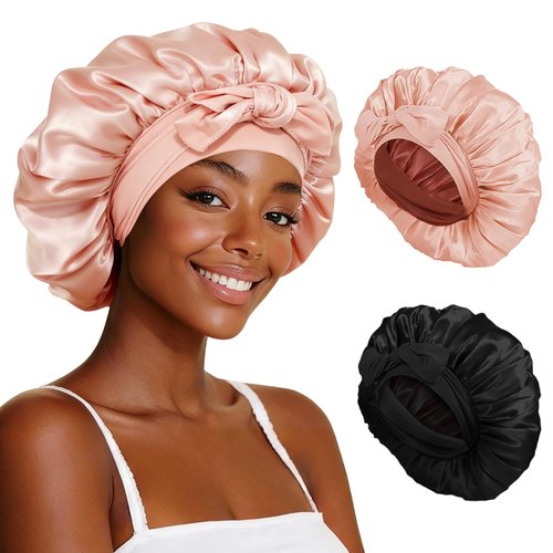 Satin Bonnet with Tie Band, Double Layer Adjustable Sleep Bonnet with Silk-Like Lining, Stay On Night Cap for Curly Hair, Braids & Natural Hair