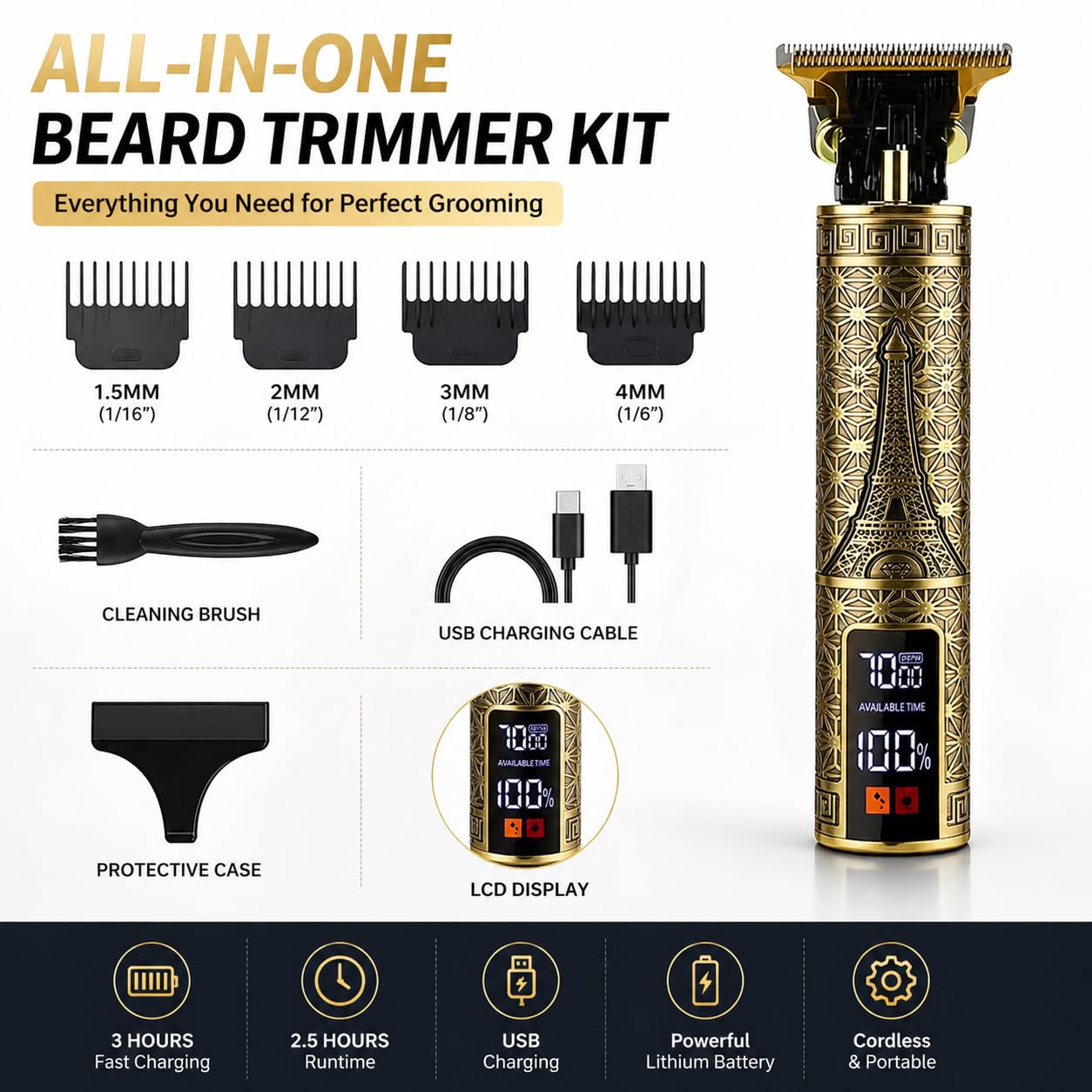 Piler Professional Beard Trimmer for Men, Cordless Rechargeable Beard Trimmer Kit with Metal Body, USB Charging, LCD Display, 2.5H Runtime, Precision Trimming Combs