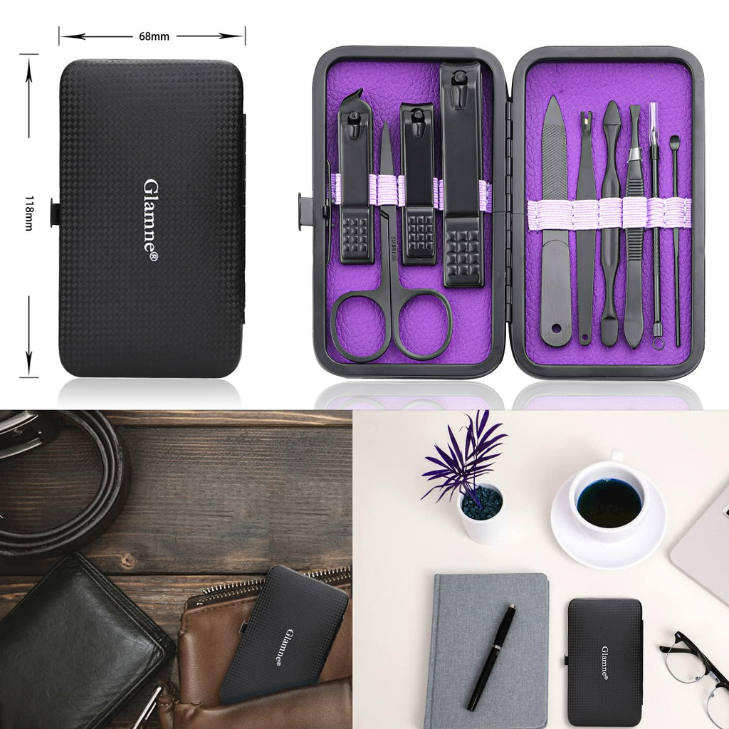 Glamne Manicure Set Nail Clippers Kit Professional Stainless Steel Nail Care Tools with Leather Travel Case 10 in 1 Purple