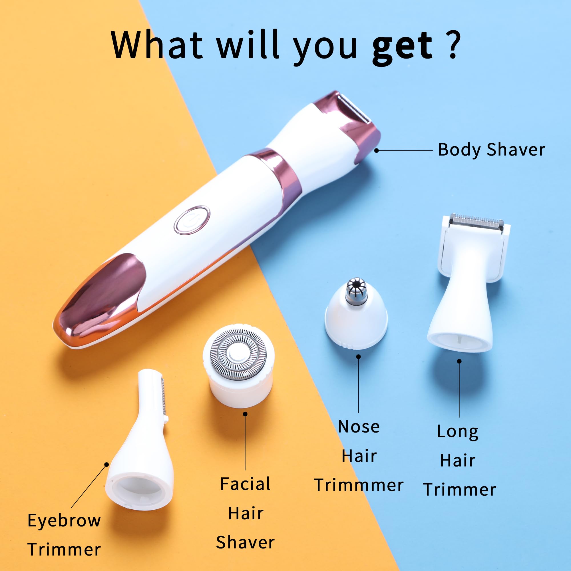 Bikini Trimmer for Women with LED Display - 5-in-1 Rechargeable Electric Shaver, Painless Pubic Hair Trimmer for Face Nose Eyebrow Arms Armpit Legs Pubic Area (Gold)