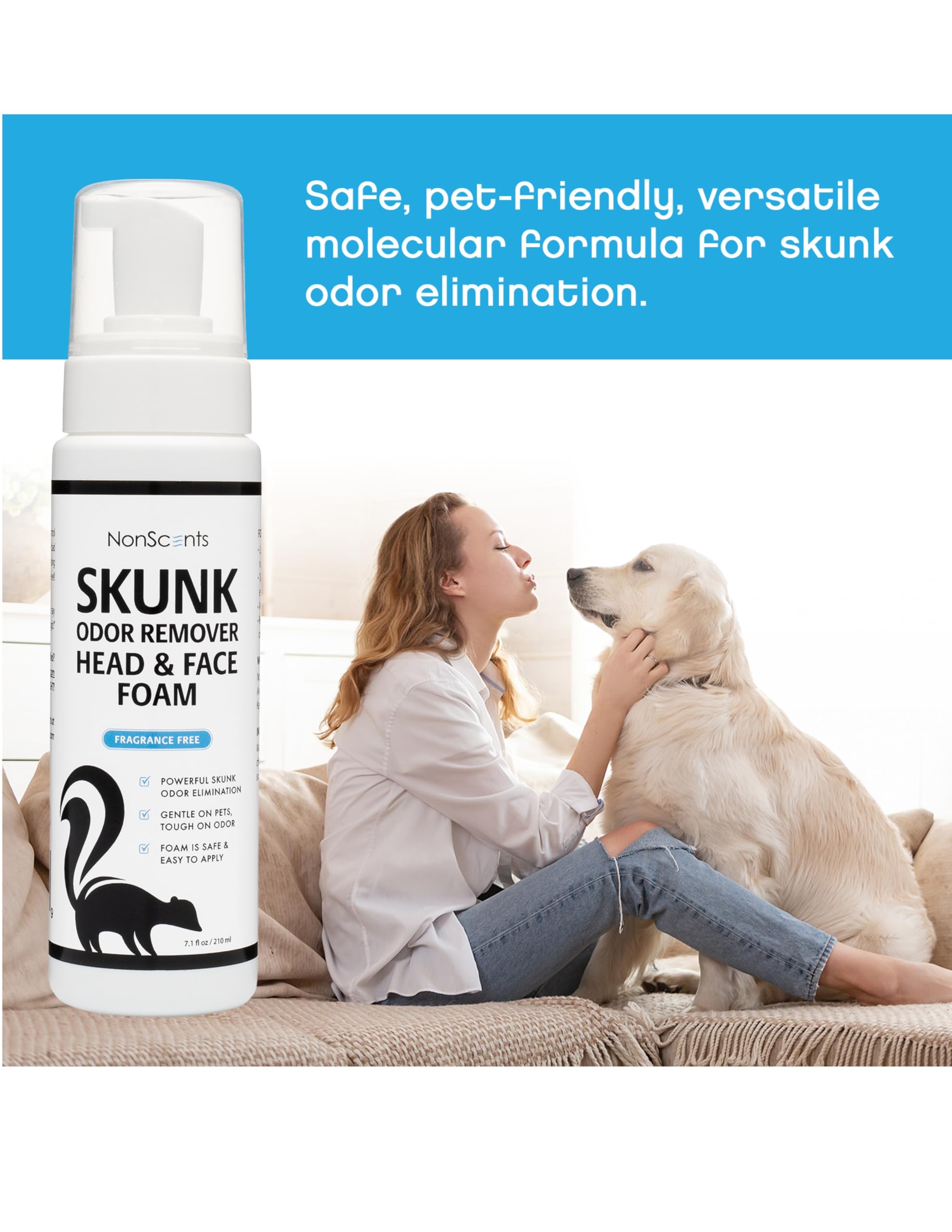NonScents Skunk Odor Remover Head & Face Foam – Easily Eliminate Skunk Odor from Pets, Carpets, Clothing, Ready-to-Use for Dogs, Cats, Home, Carpet, Car, Clothes - Fragrance Free Freshener