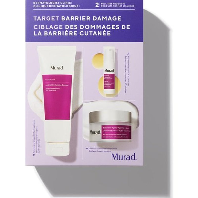 Murad Target Barrier Damage Set | AHA/BHA Cleanser, Hyaluronic Cream & Hydration Serum - Exfoliate, Moisturize & Repair Skin Barrier