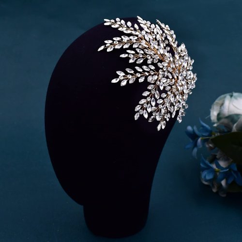 HONGMEI Bridal Rhinestone Headpiece for Wedding，Leaf Crystal Hair Pieces Bride Side Headpieces Wedding Hair Accessories for Women(Gold)