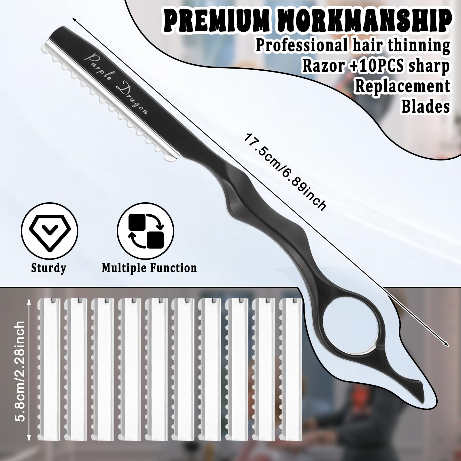 Hair Razors for Cutting, 6.89" Stainless Steel Hair Thinning Razor Kit with 10Pcs Replacement Blades, Professional Styling Texturizing Cutting Razor Tool for Salon and Home(Black)