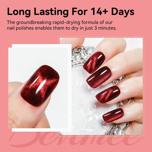 Bevimee Red Cat Eye Nail Polish, Magnetic Nail Polish Non Gel Fast Dry Air Dry Nails Lacquer Long Lasting Salon-Quality Manicure Gift for Women Girls DIY Home 12ML