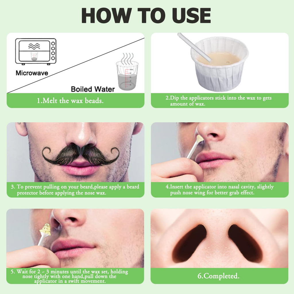 Nose and Ear Hair Waxing Kit - Hair Removal Set for Men and Women with 50g Wax Beads, 20 Applicators (10 times), 10 Paper Cups, and 10 Mustache Guards