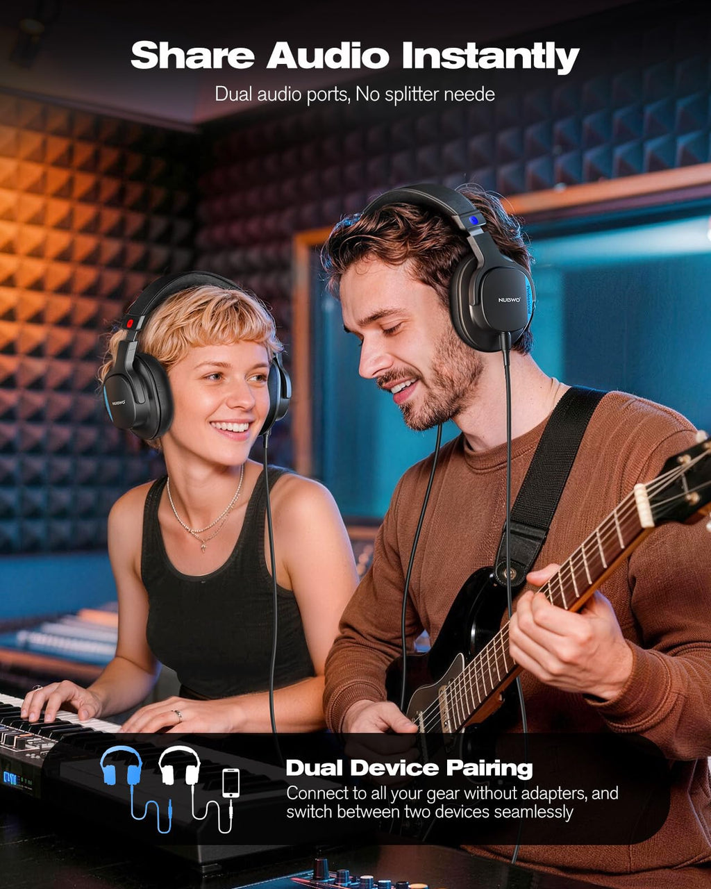 NUBWO HD01 Studio Monitor Headphones, Hi-Res Wired Over Ear Headphones with 1/4 inch to 3.5mm Adapter, Lightweight Closed Back DJ Headphones for Piano Guitar AMP Recording Mixer Amplifier