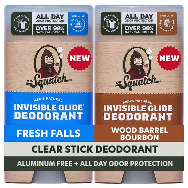 Dr. Squatch Invisible Glide Deodorant for Men - Smooth, Stain-Free Formula - Aluminum-Free, Sensitive Skin - Fresh Falls & Wood Barrel Bourbon - 2.65oz (2-Pack)