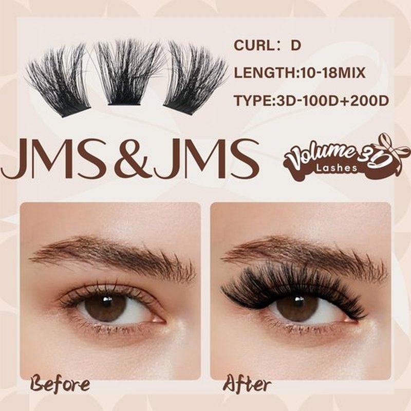 JMS&JMS Lash Clusters Kit 100D+200D Thick Cluster Lashes 3D Effect Eyelash Clusters Kit 10-18mm Volume Eyelash Clusters D Curl 3D Wispy Lash Clusters DIY Lash Extension Kit