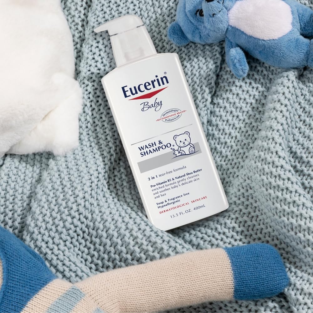 Eucerin Baby Unscented Baby Shampoo and Body Wash, Hypoallergenic, Tear Free Shampoo and Wash with Pro-Vitamin B5 and Shea Butter, 13.5 Fl Oz Bottle 3 pack