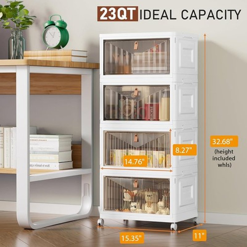Skiennix 4-Tier Storage Bins - Stackable Closet Organizers with Lids & Wheels | 23QT, White