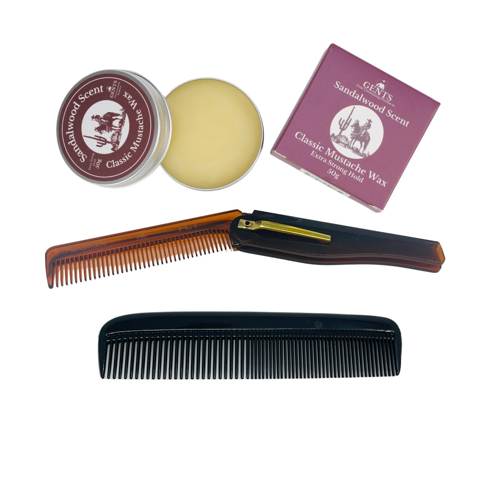 Sandalwood Mustache Wax Kit – Classic Scented Wax with Extra Strong Hold, 5.5" Folding Comb & 5" Fine/Coarse Travel Comb