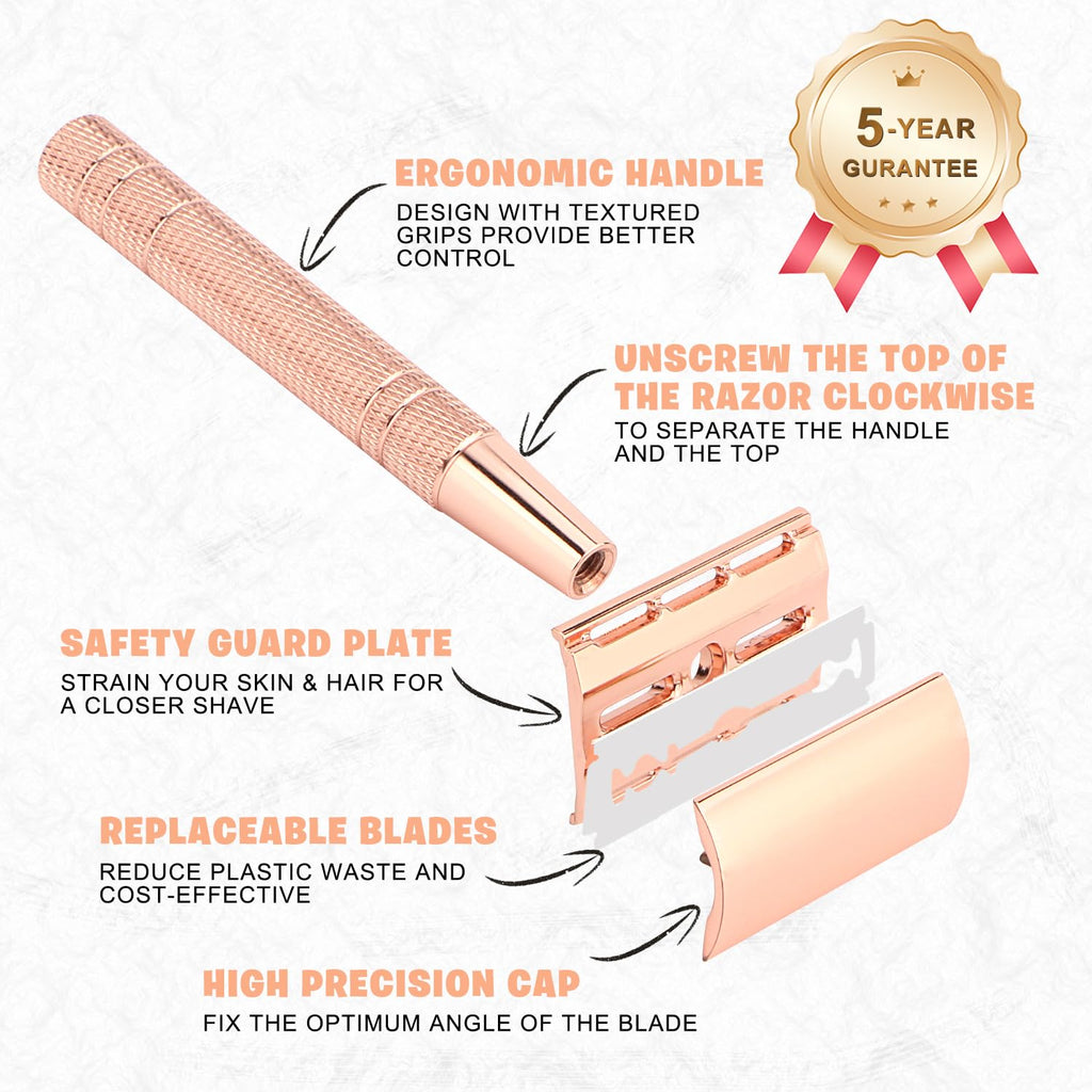Double Edge Safety Razor with Stand, Reusable Metal Single Blade Razors for Men and Women, with 10 Platinum Coated Double Edge Safety Razor Blades, Women's Safety Shaving Razors, Rose Gold