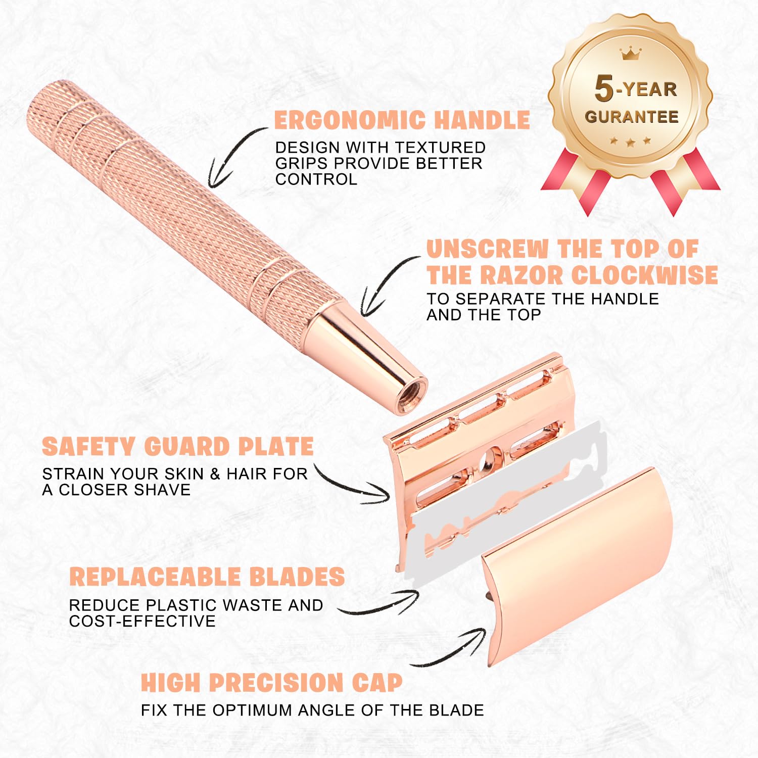 Double Edge Safety Razor with Stand, Reusable Metal Single Blade Razors for Men and Women, with 10 Platinum Coated Double Edge Safety Razor Blades, Women's Safety Shaving Razors, Rose Gold