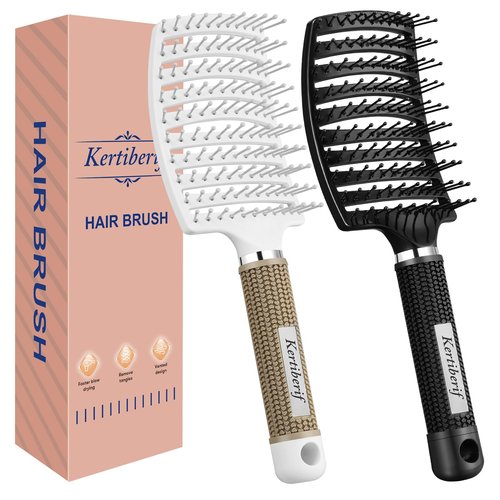 Kertiberif 2 Pack Curved Vented Detangling Brush for Wet and Dry Hair, Paddle Styling Hair Brush for Faster Blow Drying, Detangler Brush for Women Men Curly Thick Hair