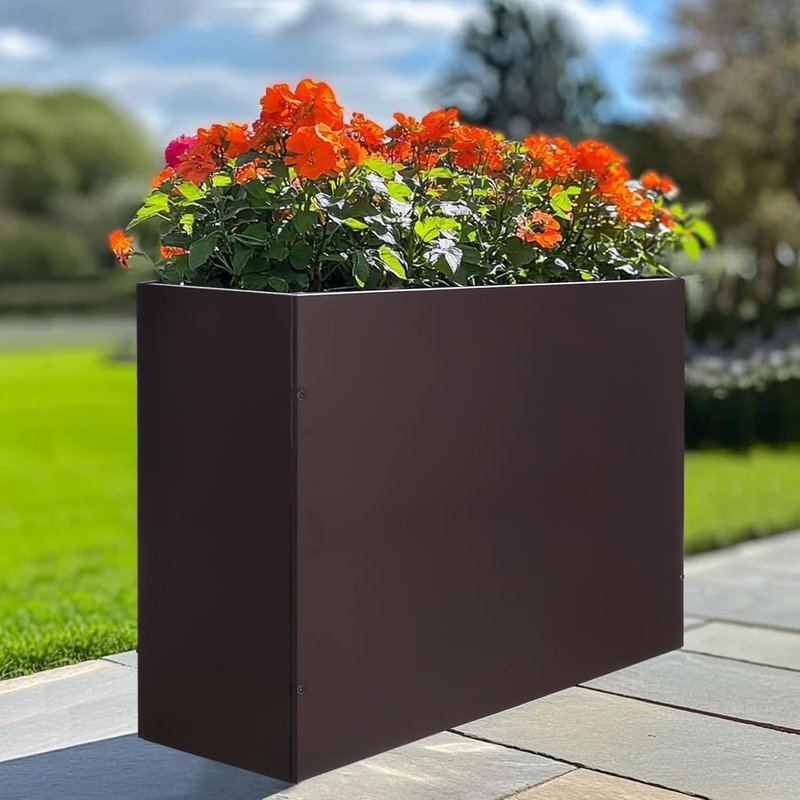 BAYN Metal Rectangular Planter Box - Modern Heavy-Duty Outdoor Planter with Drainage Holes | Brown, 32” x 12” x 24”
