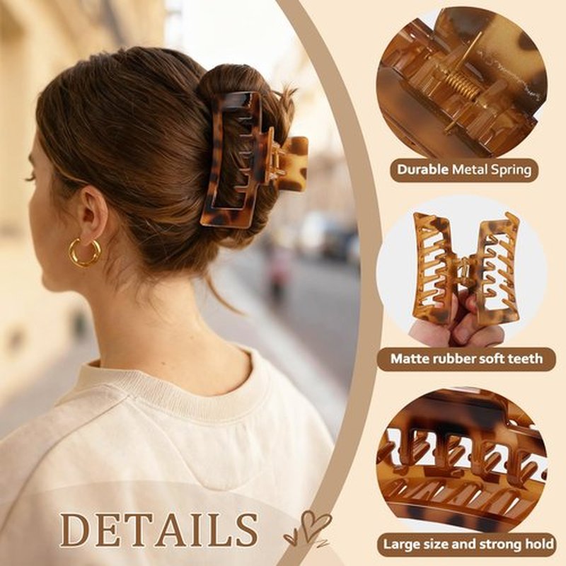 6 PCS 4.1 Inch Large Claw Clips for Women Girls, Big Tortoise Shell Rectangle Hair Clips for Thick/Long/Curly Hair, Strong Hold Square Claw Clip Non Slip Banana Jaw Clips Hair Accessories