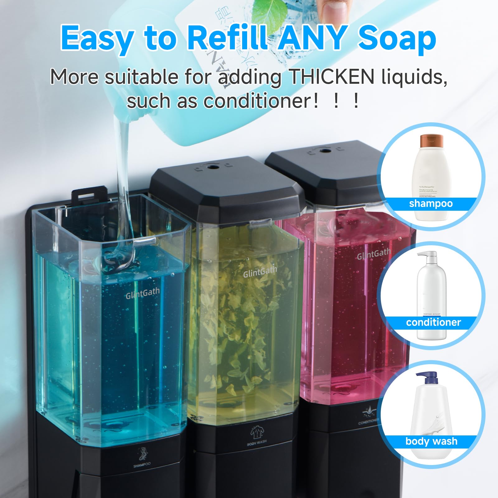 Shampoo and Conditioner Dispenser,GlintGath Shower Dispenser 3 Chamber No Drill Shampoo Dispenser for Shower Wall Mounted Shower Soap Dispenser for Bathroom Hotel,Large Capacity 3 * 500ML, Black