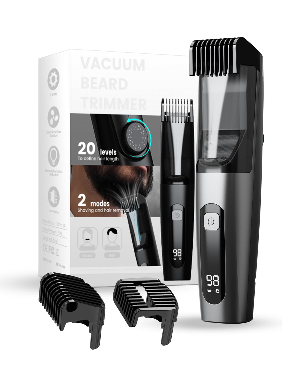 TEPOTZ Beard Trimmer for Men, 40 Adjustable Length Settings, Smooth Facial Hair Trimming, LCD Display, Beard Trimmer, Waterproof for Wet & Dry Use, Washable -Gray