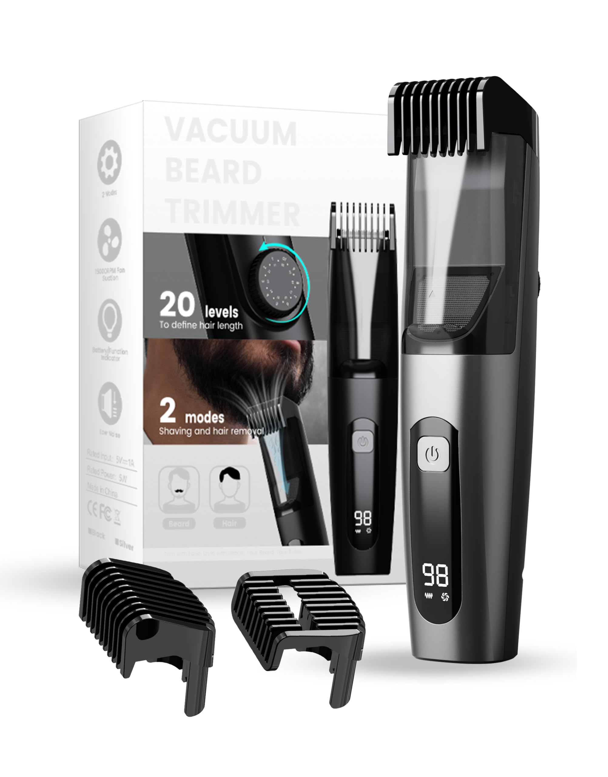 TEPOTZ Beard Trimmer for Men, 40 Adjustable Length Settings, Smooth Facial Hair Trimming, LCD Display, Beard Trimmer, Waterproof for Wet & Dry Use, Washable -Gray