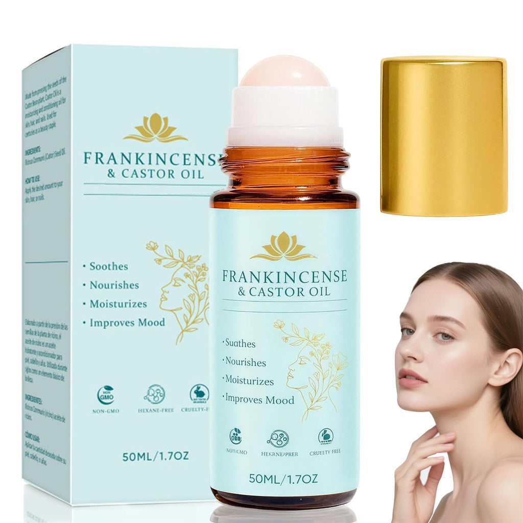 Ayland Castor Oil and Frankincense Roll On, 1.7 fl oz Pure Organic Cold-Pressed Castor Oil Roll-On, Cold-Pressed, Firms Skin, Reducing Fine Lines, Suitable for Eyebrows, Face, Neck, Abdomen