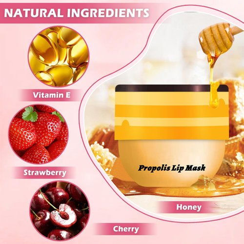 CAHIUYOA 3PCS Bee Lip Balm Honey Pot Honey Lip Balm Strawberry Honey Cherry Lip Sleeping Mask Hydrating Bee Lip Balm with Stick Day & Night Lip Care Products - Strawberry Honey Cherry
