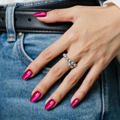 BelleOnyx Press on Nails Short-Hot Pink Cat Eye Press on Nails Almond Natural Fit & Glossy Stick on Nails with Glue in 15 Sizes-30 Reusable Fake Nails with Glue & Glue Remover for Women