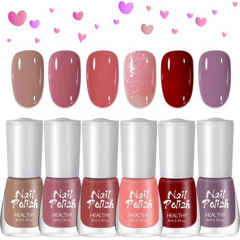 Nail Polish Set, 6Pcs Quick Dry & Long Lasting Nude Pink Red Nail Varnish - Non-Toxic Water Based Holographic Nail Polish Gel - No Need UV Nail Paint for DIY Nail Art at Home - Nude Pink Red Purple