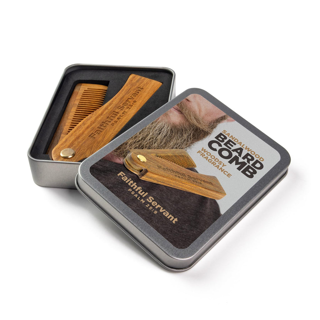 Wooden Beard Comb For Men - Psalm 25:9, Faithful Servant - Sandalwood Smooth Gliding Pocket Beard Comb w/Engraved Bible Verse, Beard & Mustache Folding Comb For Men As Gifts For Christian Men