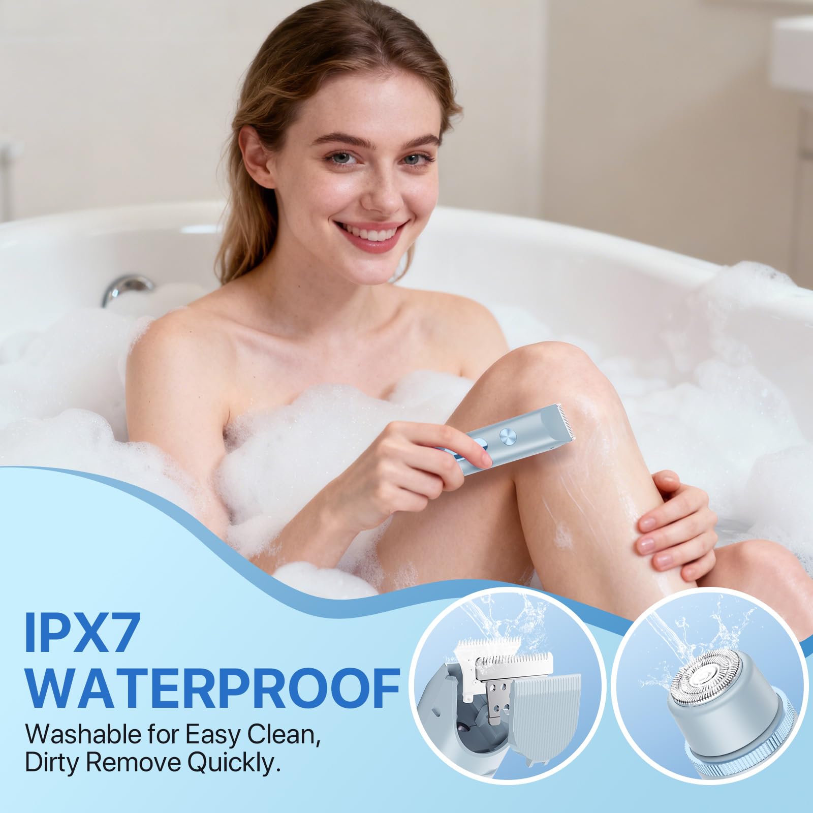 Bikini Trimmer for Women, Rechargeable 2-in-1 Electric Razor for Shower& Travel, IPX7 Waterproof Painless Hair Removal for Bikini Line, Legs, Underarms, Wet & Dry Hypoallergenic Ceramic Blade, Blue