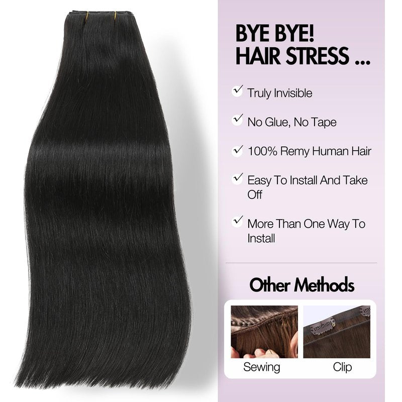 WIGER Invisible Butterfly Hair Extensions Real Human Hair Double Layer Genius PU Skin Weft Hand-tied Injected Remy Human Hair Extensions Twin Tabs 18 Inches Black Micro Bead Hair Extensions