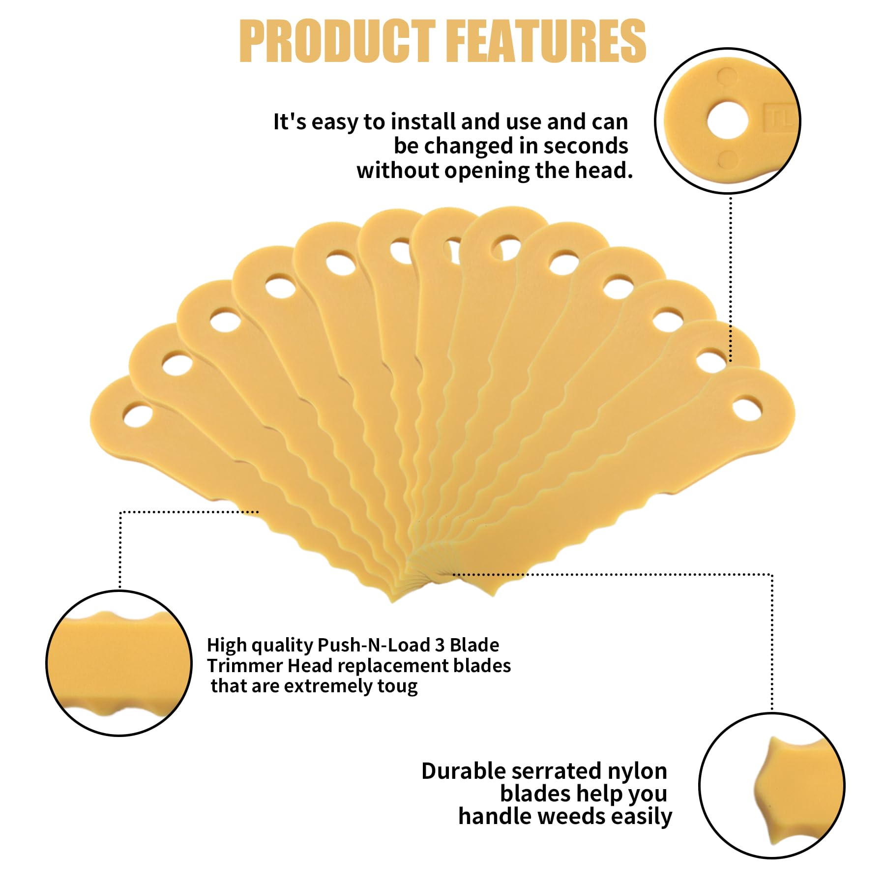 ORAEVY 30Pcs Push-N-Load Replacement Nylon Blades Compatible with Weed Warrior 3 Blade Trimmer Head and Pivotrim Hybrid 2-N-1 Head，Universal Fit