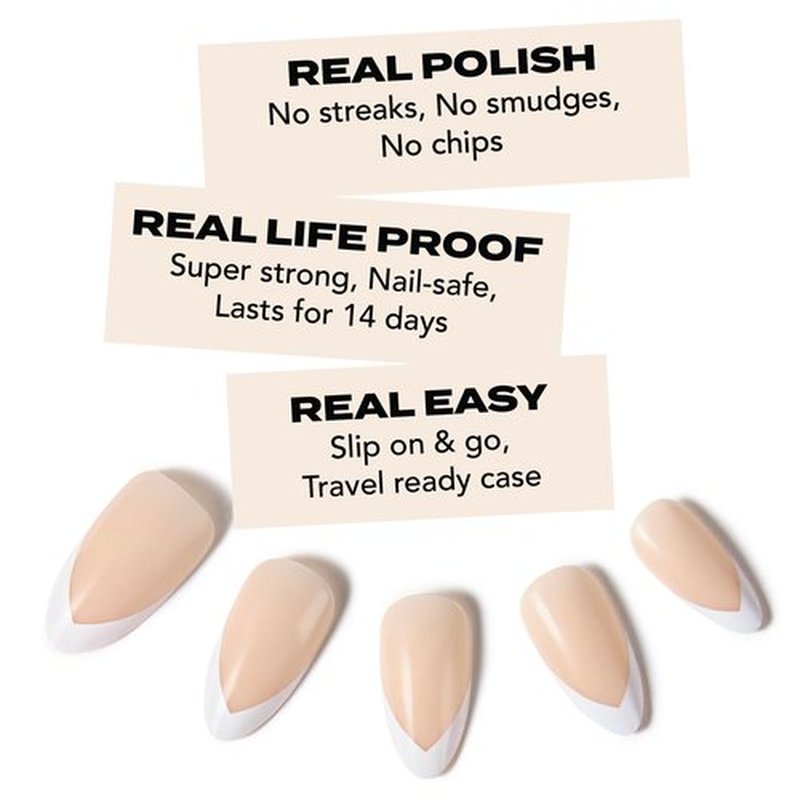 Tapered White French Tip Press-On Nails – Hard Candy Glossy Gel-Shine False Nail Kit with Nail Glue, 30 Pieces, Reusable (White Tip, Almond)
