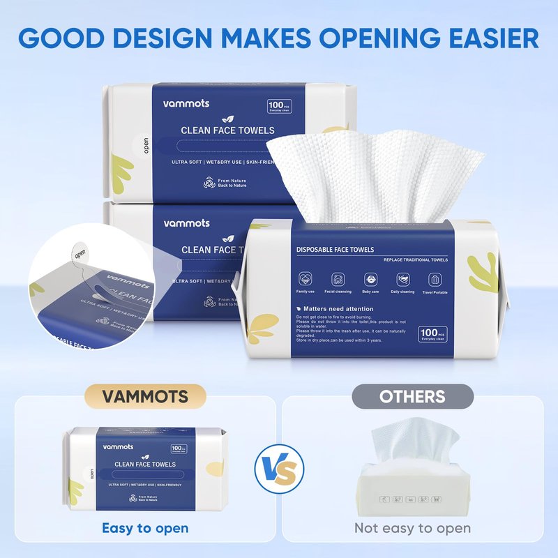 vammots Disposable Face Towels,Biodegradable Ultra Soft Washcloths for Sensitive Skin,Suitable for Facial Cleansing,Skin care and Makeup Removal,Lint-free,Trave,Daily Cleansing,100 Count