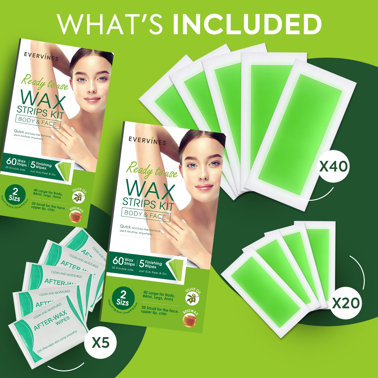 Evervines Facial & Body Wax Strips Kit – 60 PCS (40 Body & 20 Facial) for Hair Removal with 5 Oil Wipes – Removes Lip, Chin, Eyebrows, Bikini, Legs, Arms for Women & Men at Home & Travel (1 pack)