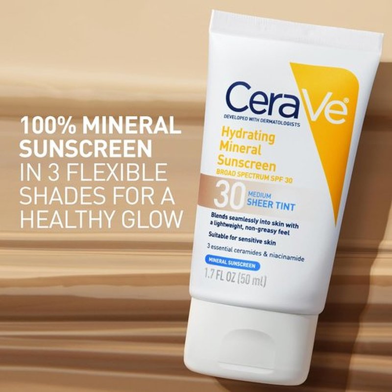 CeraVe Hydrating Mineral Sunscreen SPF 30 - Tinted Zinc Oxide Formula for a Healthy Glow, 1.7 Oz