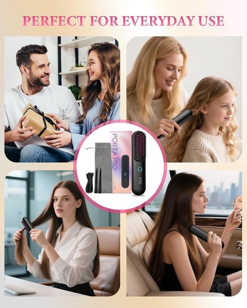 Cordless Hair Straightening Brush, Portable Straightening Brush for Travel，Plasma Fast Heating Mini Thermal Hair Straightening Comb with LCD Display, Ceramic Coated Anti-Hot, Black