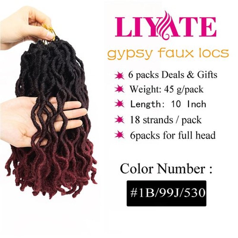 Faux Locs Crochet Hair 10 Inch 6 Packs 3 Tone Ombre Red Goddess Locs Crochet Hair for Black Women, Prelooped Gypsy locs Crochet Hair for Wavy Dreadlocks Crochet Hair Extensions, 1B/99j/530