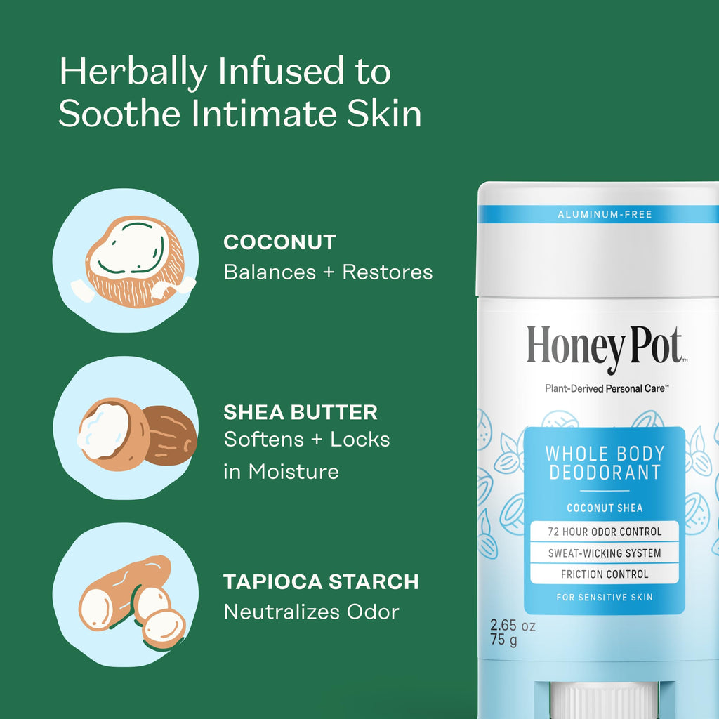 Honey Pot - Whole Body Coconut Shea Butter Deodorant for Women - Aluminum-Free - 72-Hour Odor Control - Sweat-Wicking - No Parabens and Sulfates - 2.65 Oz