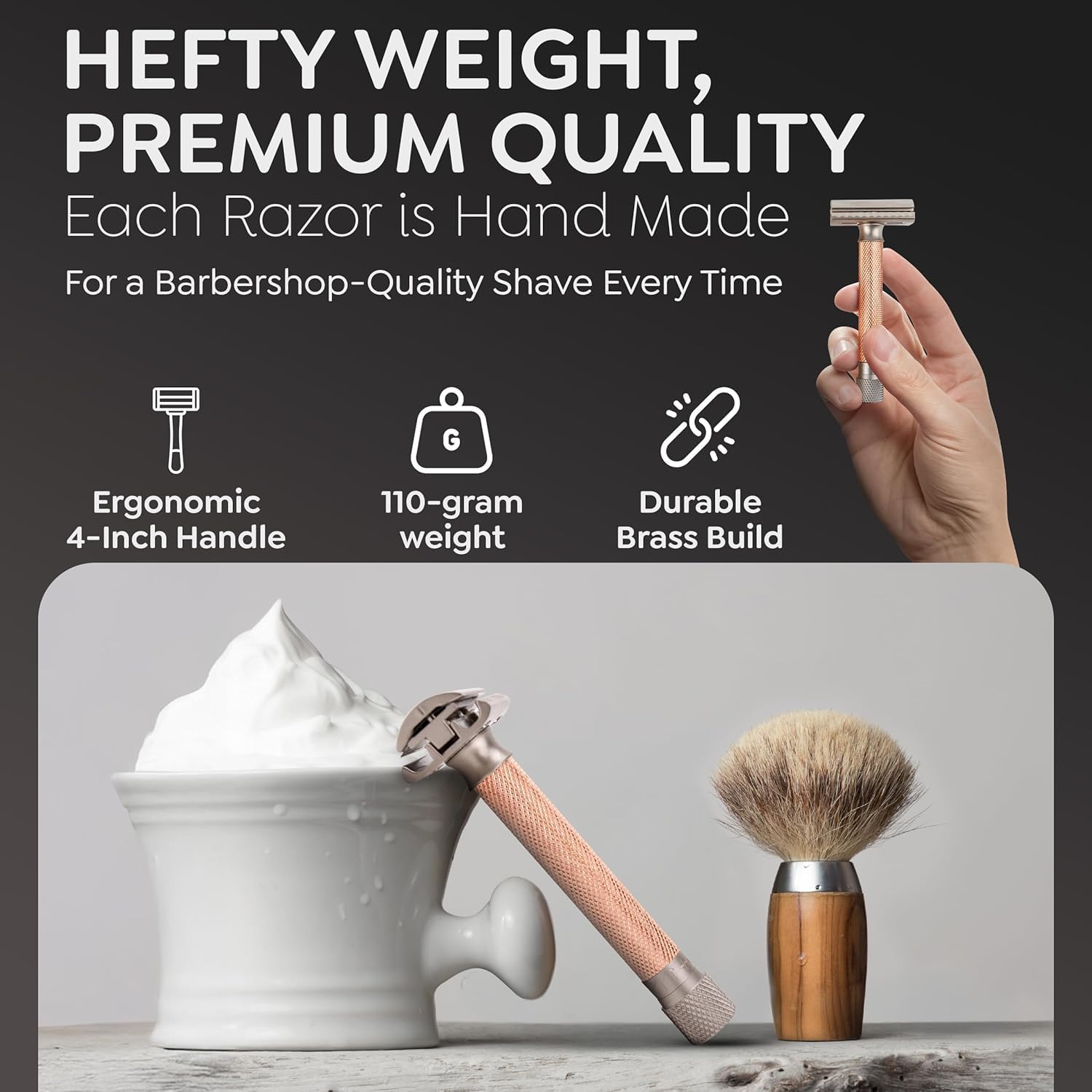 Parker THE VARIANT CLOSED COMB - ADJUSTABLE Double Edge Safety Razor, Customize your Shave with a Turn of the Dial from Mild to Aggressive - 5 Blades Included (ROSE GOLD)